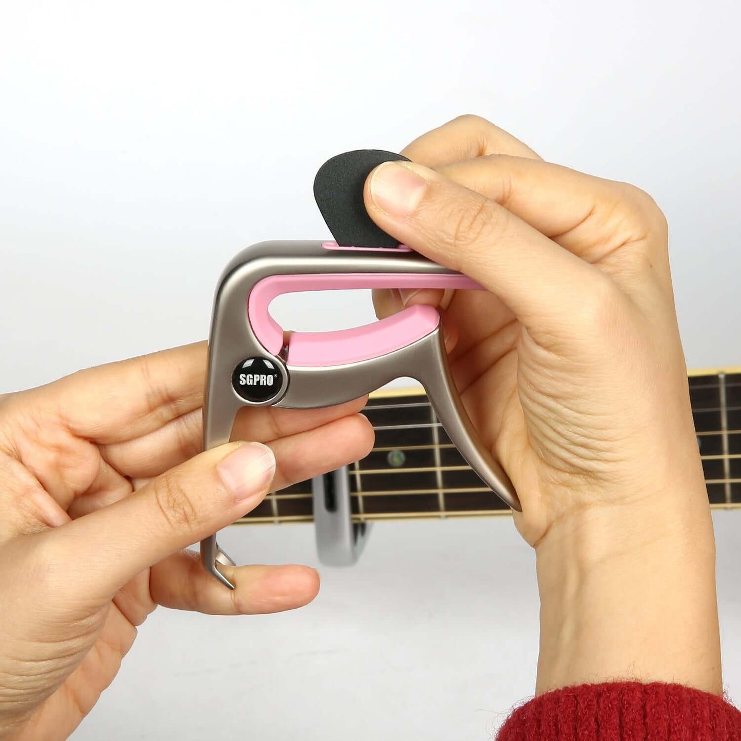 SGPRO Capo for Acoustic Guitar Electric Guitar and Ukulele Zinc Alloy Guitar Capo Pick Holder Pin Puller 3 in 1, Hidden Torsion Spring More Rounded Design Silicone Rubber Trapeiod Design Easy Use