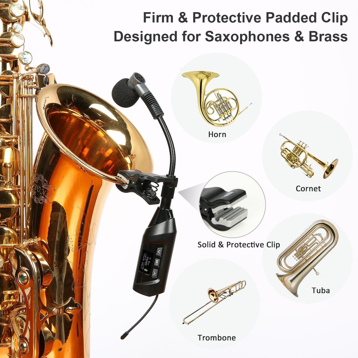 SGPRO Sistema inalámbrico de micrófono con clip para saxofones y trompetas, portátil con ecualizador, sensibilidad y niveles de eco, 4,5 horas de resistencia, transmisión de 196 pies