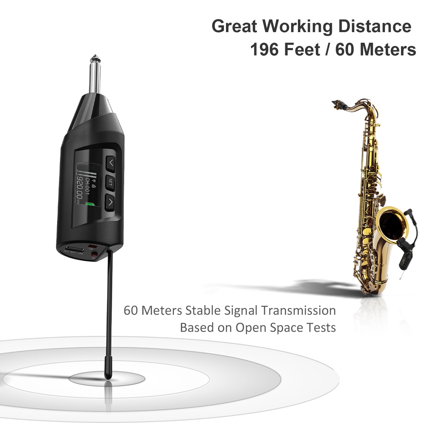 SGPRO Sistema inalámbrico de micrófono con clip para saxofones y trompetas, portátil con ecualizador, sensibilidad y niveles de eco, 4,5 horas de resistencia, transmisión de 196 pies