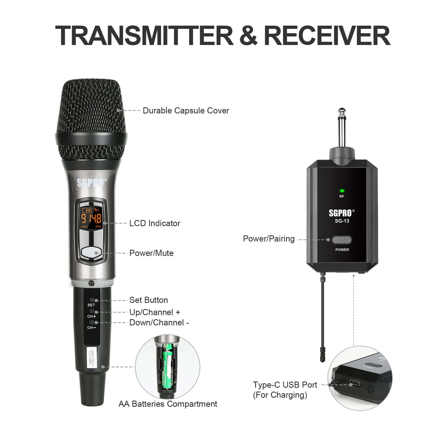 SGPRO Wireless Microphone, Single Handheld Mic with Compact Rechargeable Receiver SG-13, Microphone and Wireless Receiver - SGPRO AUDIO