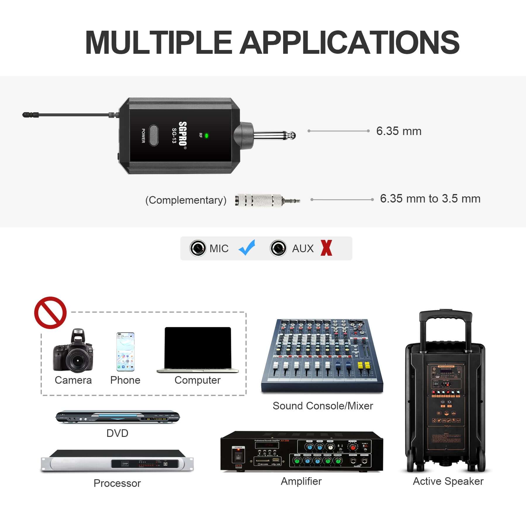 SGPRO Wireless Microphone, Single Handheld Mic with Compact Rechargeable Receiver SG-13, Microphone and Wireless Receiver - SGPRO AUDIO