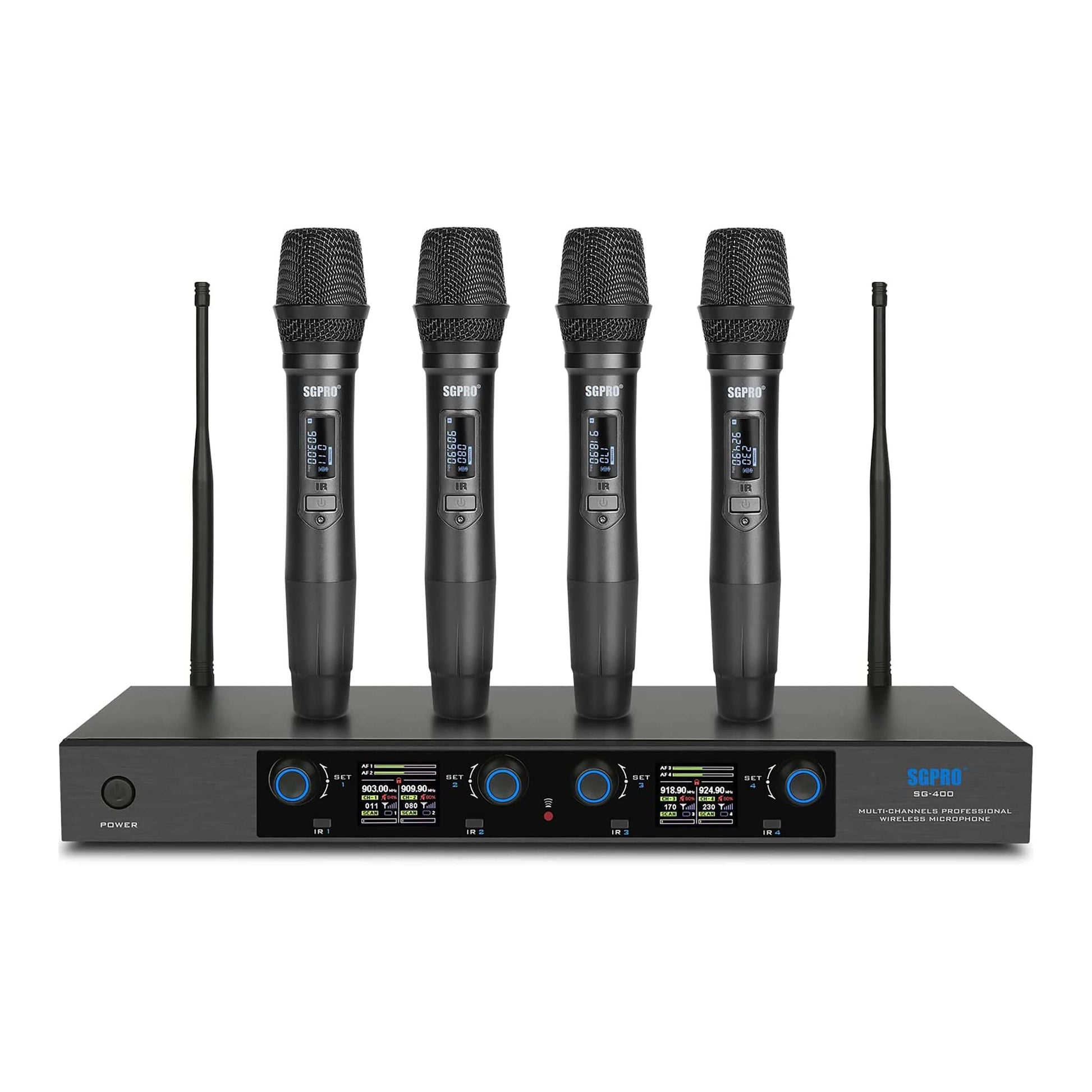 SGPRO Quad Handheld Wireless Microphones System 4*65 UHF Channels, for Professional Use of Events in Live House, Clubs, Stage, Cinema, Church, School & at Home