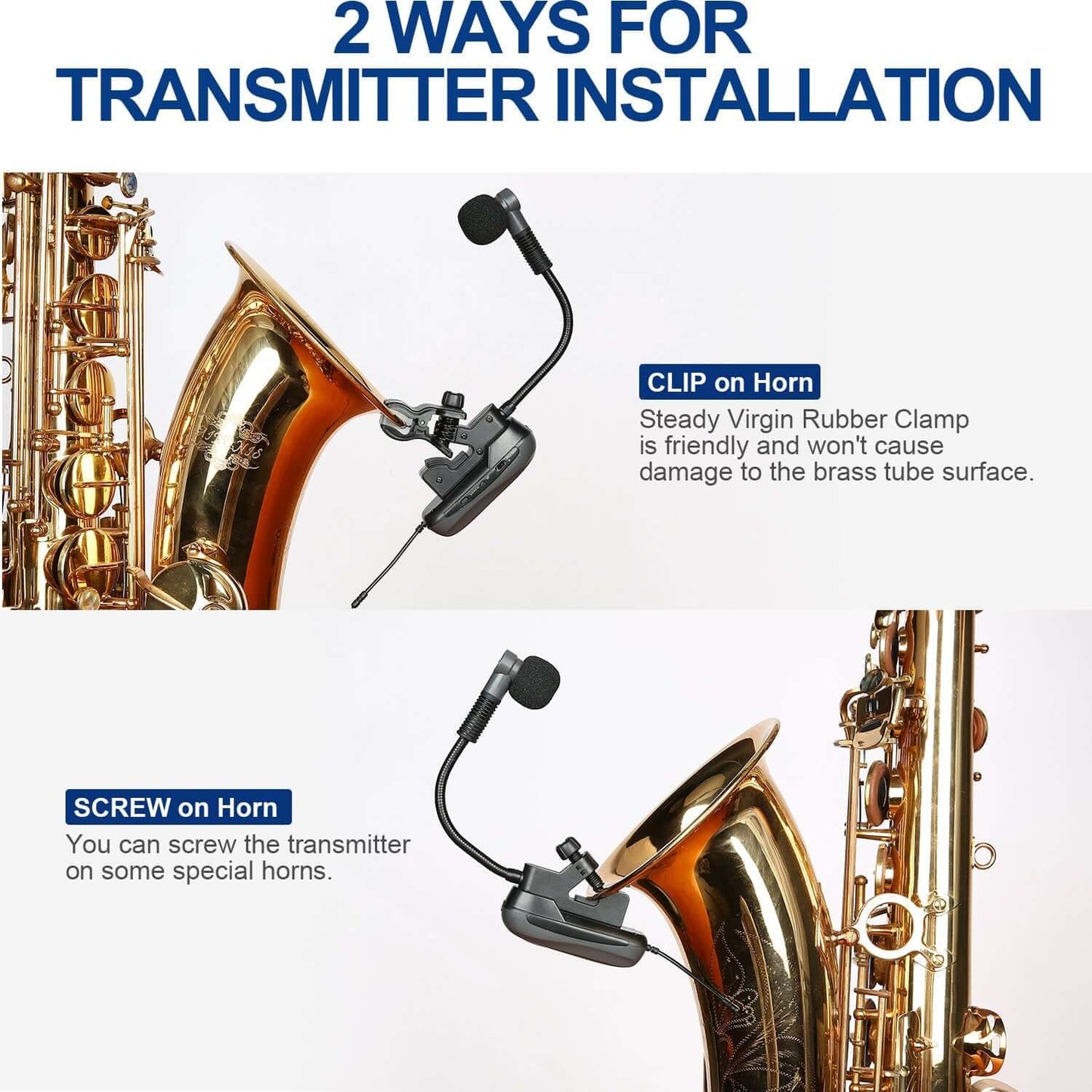 SGPRO Professional Saxophone Microphone Wireless System, Clip-on Musical Instrument Mic for Brass Preset EQ & ECHOs, 262 Ft, Rechargeable Gooseneck Transmitter 4HRs